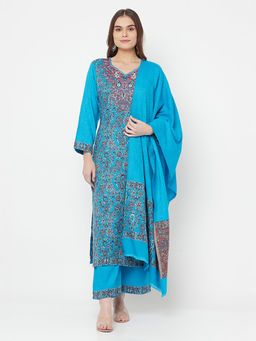 Safaa - Women Winter Wear Rayon Acro Wool Kurta And Palazzo Unstitched Material With Dupatta-Blue