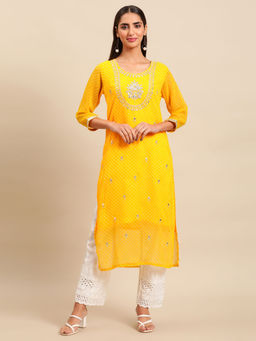 Vastramyaa - Women Yellow & White Mirror Work Printed Straight Kurta