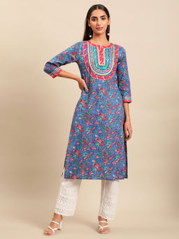 Vastramyaa - Women Blue & Red Floral Printed Gotta Patti Straight Kurta