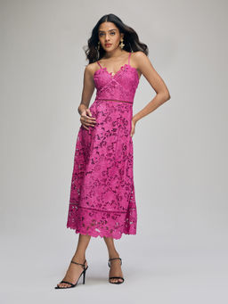 RSVP by Nykaa Fashion - Pink Lace Floral Strappy Fit And Flare Midi Dress