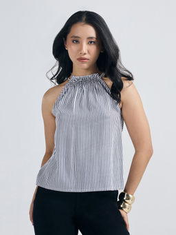 Twenty Dresses by Nykaa Fashion - White Striped High Neck Sleeveless Top (S)