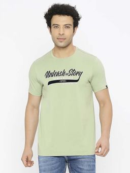 Spykar - Men Dusty Green Blended Regular Fit Half Sleeve Printed Round Neck T-Shirt