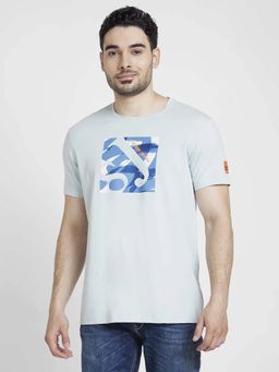 Spykar - Men Ash Blue Cotton Slim Fit Printed Round Neck T-Shirt
