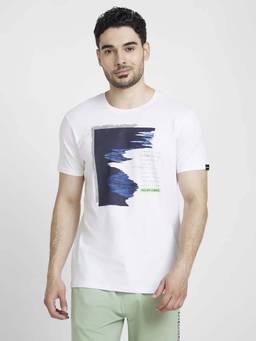 Spykar - Men White Cotton Slim Fit Printed Round Neck T-Shirt