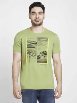 Spykar - Men Dusty Pista Green Cotton Slim Fit Printed Round Neck T-Shirt