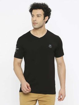 Spykar - Men Black Cotton Regular Fit Half Sleeve Plain V-Neck T-Shirt