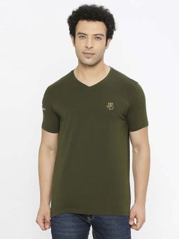 Spykar - Men Rifle Green Cotton Regular Fit Half Sleeve Plain V-Neck T-Shirt