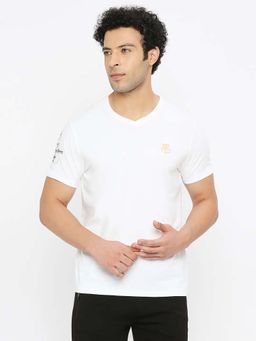 Spykar - Men White Cotton Regular Fit Half Sleeve Plain V-Neck T-Shirt