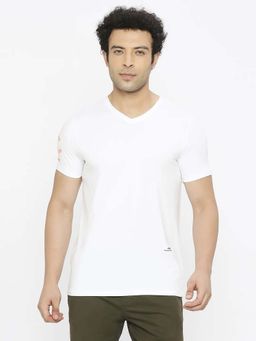 Spykar - Men White Cotton Regular Fit Half Sleeve Plain V-Neck T-Shirt