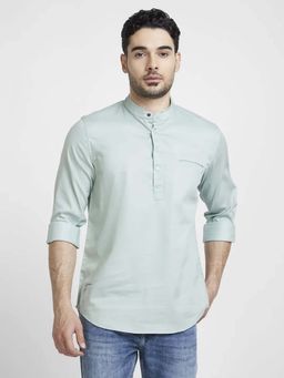Spykar - Men Sage Green Cotton Linen Slim Fit Mandarin Collar Plain Shirt