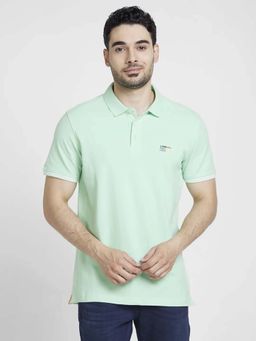Spykar - Men Mint Green Cotton Slim Fit Plain Polo T-Shirt