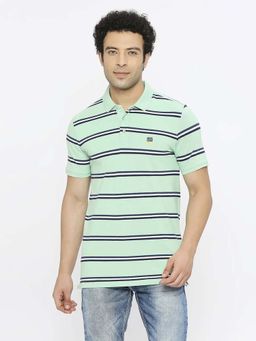 Spykar - Men Dusty Ice Green Blended Regular Fit Half Sleeve Striped Polo T-Shirt
