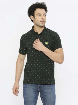Spykar - Men Bottle Green Blended Regular Fit Half Sleeve Printed Polo T-Shirt