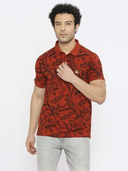 Spykar - Men Burnt Orange Blended Regular Fit Half Sleeve Floral Print Polo T-Shirt