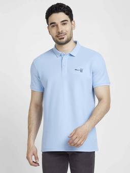 Spykar - Men Powder Blue Cotton Slim Fit Plain Polo T-Shirt