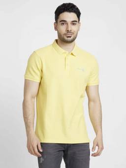 Spykar - Men Yellow Cotton Slim Fit Plain Polo T-Shirt