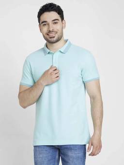 Spykar - Men Bleached Aqua Cotton Slim Fit Plain Polo T-Shirt