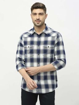 Spykar - Men Indigo Blue Cotton Twill Slim Fit Full Sleeve Checkered Shirt