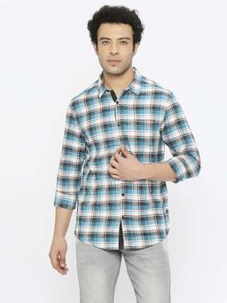 Spykar - Men Dusty Blue Slub Slim Fit Full Sleeve Checkered Shirt