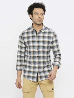 Spykar - Men Grey Slub Slim Fit Full Sleeve Checkered Shirt