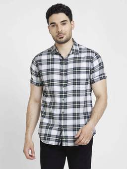 Spykar - Men Black Cotton Linen Slim Fit Checkered Shirt