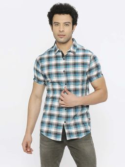 Spykar - Men Dusty Blue Slub Slim Fit Half Sleeve Checkered Shirt