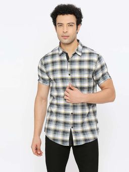 Spykar - Men Grey Slub Slim Fit Half Sleeve Checkered Shirt