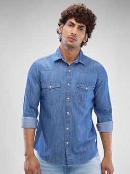 Spykar - Mid Blue Cotton Full Sleeve Raised Collar Shirt