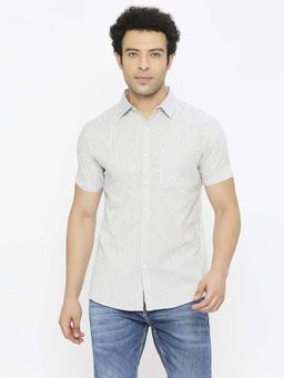 Spykar - Men Light Grey Linen Slim Fit Half Sleeve Printed Shirt