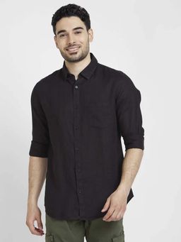 Spykar - Men Black Linen Slim Fit Plain Shirt