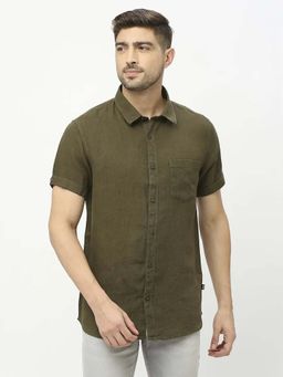 Spykar - Men Militiary Green Linen Regular Fit Half Sleeve Plain Shirt