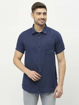 Spykar - Men Navy Blue Linen Regular Fit Half Sleeve Plain Shirt
