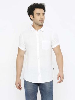 Spykar - Men White Linen Slim Fit Half Sleeve Plain Shirt