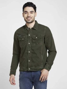 Spykar - Men Dark Green Cotton Regular Fit Denim Jacket