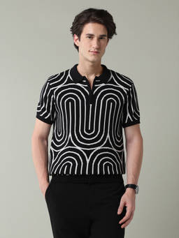 AD By Arvind - Black Printed Collar Neck Polo T-Shirt