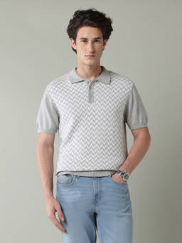 AD By Arvind - Grey Printed Collar Neck Polo T-Shirt