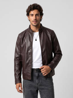 WROGN - Brown Solid/Plain High Neck Biker Jacket