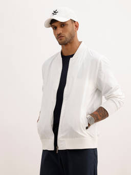 WROGN - White Solid/Plain Collar Neck Bomber Jacket