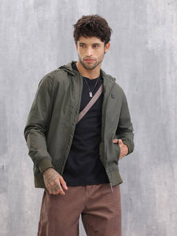 WROGN - Olive Solid/Plain Hooded Bomber Jacket