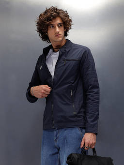 WROGN - Navy Blue Solid/Plain Mandarin Neck Biker Jacket