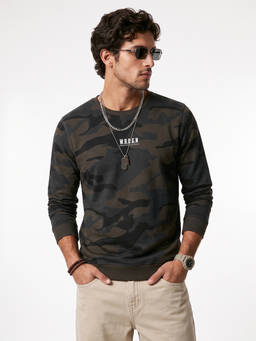 WROGN - Olive Printed Crew Neck Sweatshirt