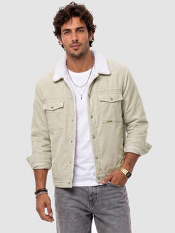 WROGN - Off White Solid/Plain Collar Neck Denim Jacket