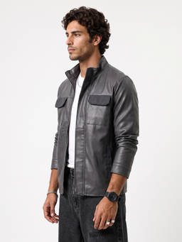 WROGN - Grey Solid/Plain High Neck Biker Jacket