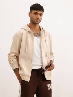 WROGN - Beige Solid/Plain Hooded Bomber Sweatshirt