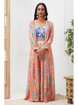 Soup by Sougat Paul - Benazir Orange Floral Crop Top with Palazzo and Jacket (Set of 3)