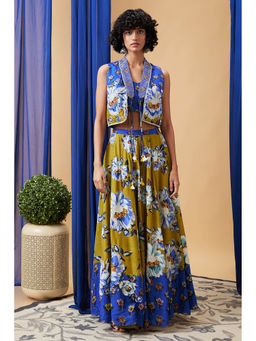 Soup by Sougat Paul - Tasnim Multi-Color Floral Crop Top with Skirt and Jacket (Set of 3)