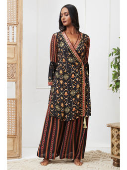 Soup by Sougat Paul - Zahra Navy Blue Floral Angarkha Kurta with Palazzo (Set of 2)