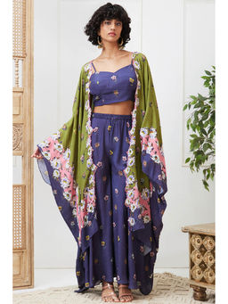 Soup by Sougat Paul - Tasnim Green Floral Crop Top with Palazzo and Jacket (Set of 3)