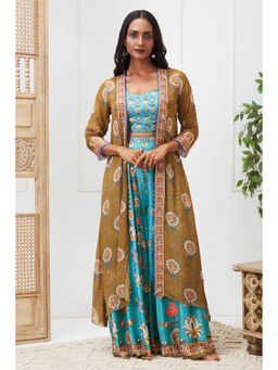 Soup by Sougat Paul - Tabriz Blue Floral Crop Top with Palazzo and Jacket (Set of 3)