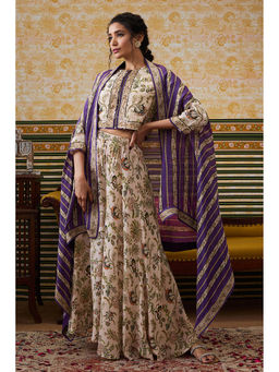 Soup by Sougat Paul - Mehr Cream Floral Crop Top with Skirt and Cape (Set of 3)